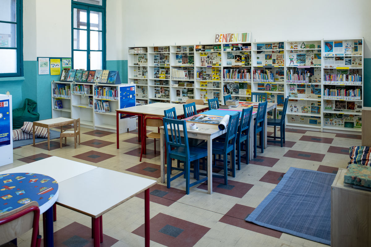 Scaffali colorati della biblioteca